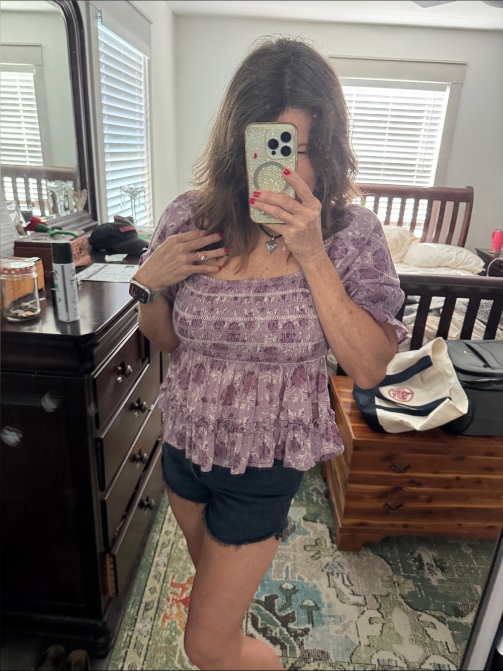 Cute romantic lavender floral blouse top 100% cotton size M